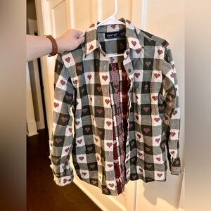 Vintage Krazy Kat Heart Plaid Shirt M Cottagecore Y2K Grunge Patchwork Button Up